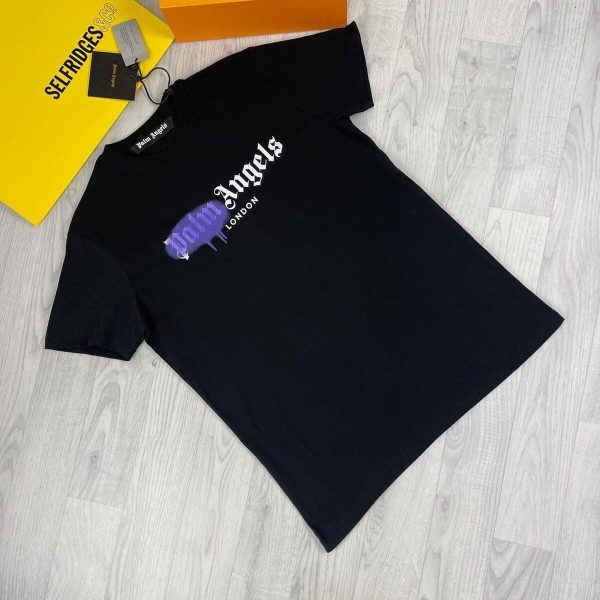 Palm Angels Sprayed Tshirt Print Crewneck T-Shirt black with blue spray