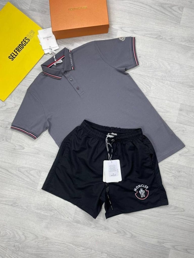 Moncler Men Polo Shirt Short Set in black & Grey color