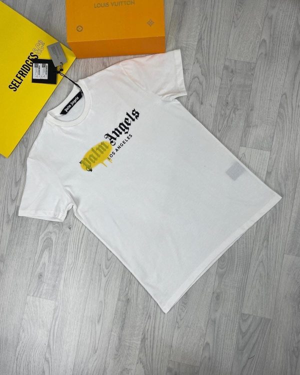 Palm Angels Sprayed Tshirt For Men’s Printed Crewneck in white with yelllow spray