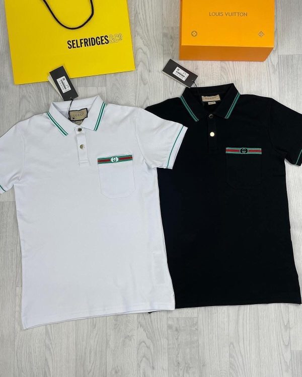 Gucci Men's Cotton Piqué Polo Shirt with Chest Pocket – Black & White Colors
