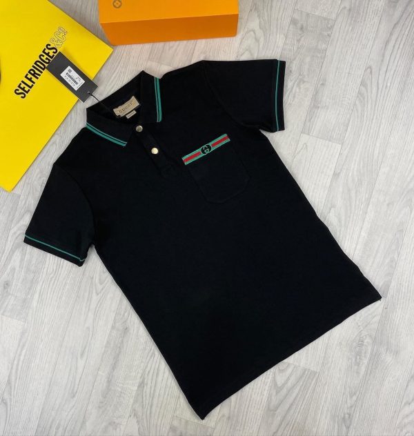 Gucci Men's Cotton Pique Polo Shirt with Chest Pocket In Black Color Gucci Men's Cotton Pique Polo Shirt with Chest Pocket In Black Color