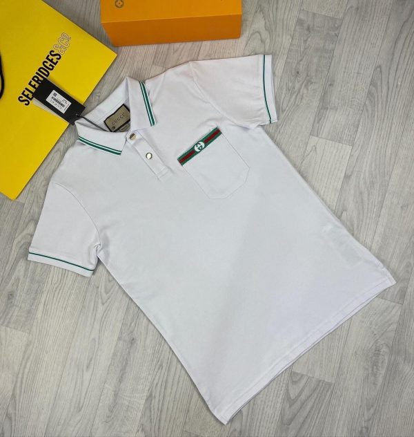 Gucci Men's Cotton Pique Polo Shirt with Chest Pocket In White Color Gucci Men's Cotton Pique Polo Shirt with Chest Pocket In White Color