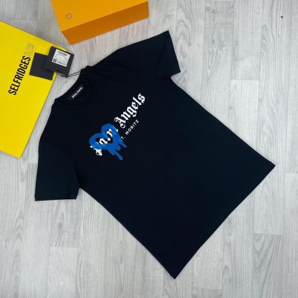 Palm Angles St Moritz Mens Spray Heart Love Best Design Copy ST.Moritz Loving College Tshirt black with blue spray