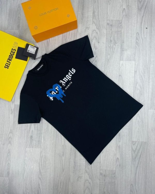 Palm Angles St Moritz Mens Spray Heart Love Best Design Copy ST.Moritz Loving College Tshirt black with blue spray