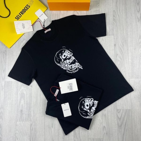 Alexander McQueen Tshirt Mens Skull Black Embroidered Graffiti in black color