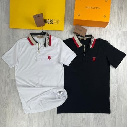 Burberry Talsworth Men’s Polo Shirt Cotton Pique, Logo Printed, Point Collar in Black & White Colour