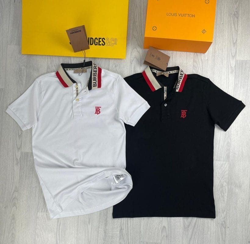 Burberry Talsworth Men’s Polo Shirt Cotton Pique, Logo Printed, Point Collar in Black & White Colour