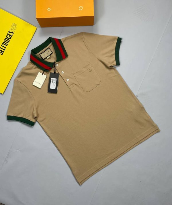 Gucci Polo Piquet T-Shirt With Web Collar In Beige Colour Gucci Polo Piquet T-Shirt With Web Collar In Beige Colour