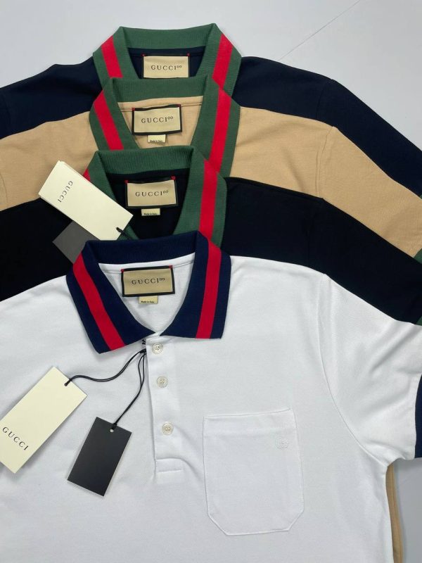 Gucci Polo Piquet T-Shirt With Web Collar In Black Blue White And Beige Colors Gucci Polo Piquet T-Shirt With Web Collar In Black Blue White And Beige Colors