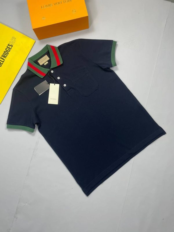 Gucci Polo Piquet T-Shirt With Web Collar In Navy Blue Colour Gucci Polo Piquet T-Shirt With Web Collar In Navy Blue Colour