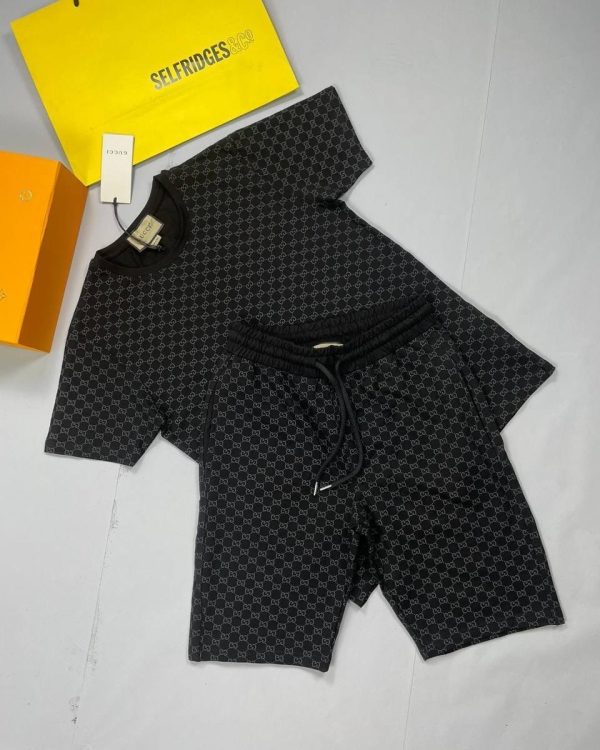 Gucci GG Print Luxury T-Shirt With Nylon Swim Short Set In Black Color