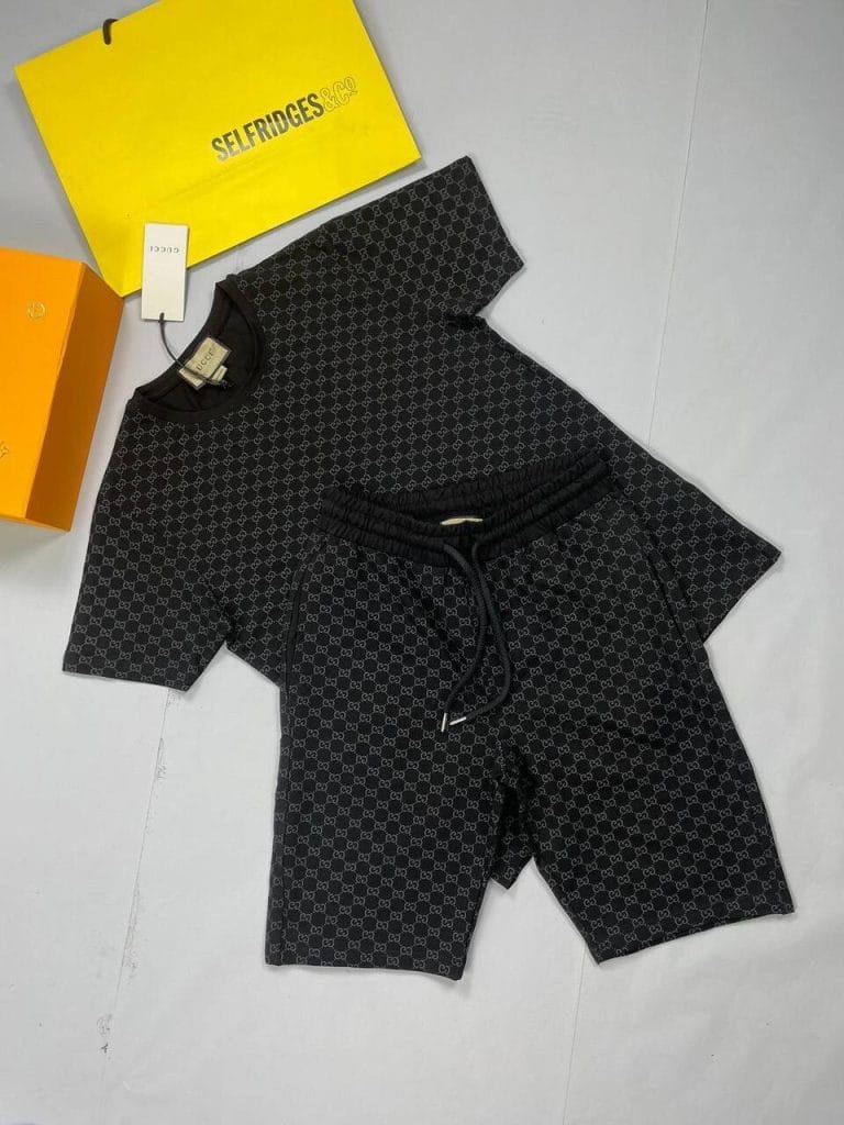 Gucci GG Print Luxury T-Shirt With Nylon Swim Short Set In Black Color