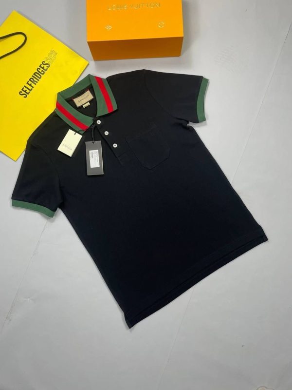 Gucci Polo Piquet T-Shirt With Web Collar In Black Colour Gucci Polo Piquet T-Shirt With Web Collar In Black Colour