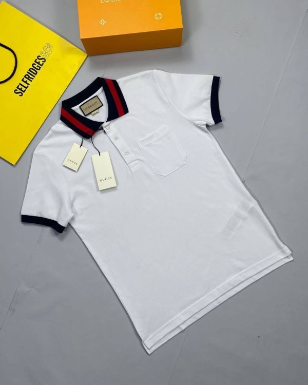 Gucci Polo Piquet T-Shirt With Web Collar In White Colour
