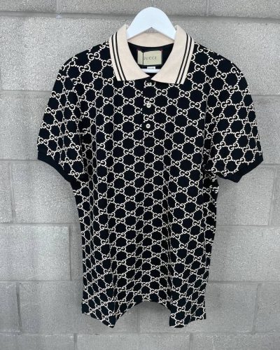 Gucci Polo T-Shirt With Jacquard Stretch Cotton With Button In Black Color