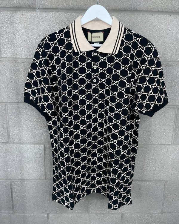 Gucci Polo T-Shirt With Jacquard Stretch Cotton With Button In Black Color