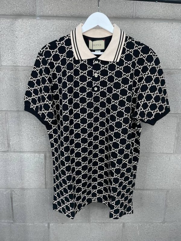 Gucci Polo T-Shirt With Jacquard Stretch Cotton With Button In Black Color