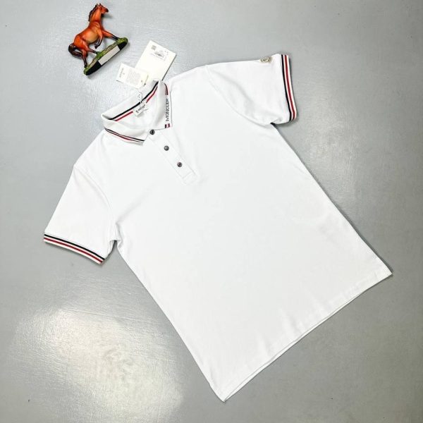 Moncler Polo Shirts Logo Collar Stripe Printed White