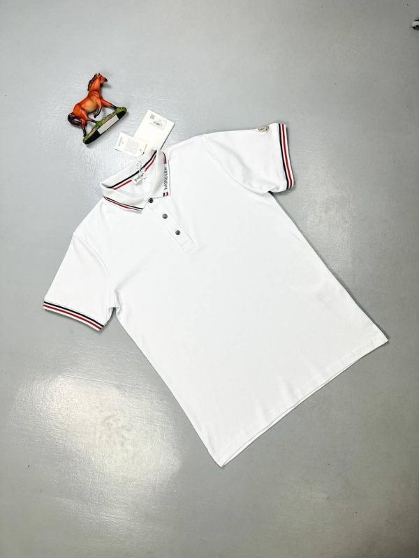 Moncler Polo Shirts Logo Collar Stripe Printed White Moncler Polo Shirts Logo Collar Stripe Printed White