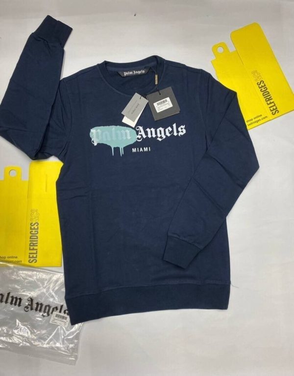 Palm Angels Miami Sprayed Tokyo Jumper in navy blue color Palm Angels Miami Sprayed Tokyo Jumper in navy blue color