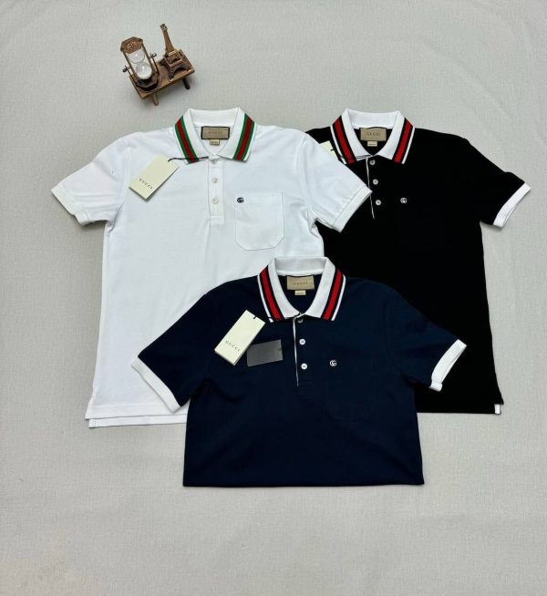 Gucci Piquet Polo T-Shirt With Double G Logo Cotton In Black White & Navy Blue Colors