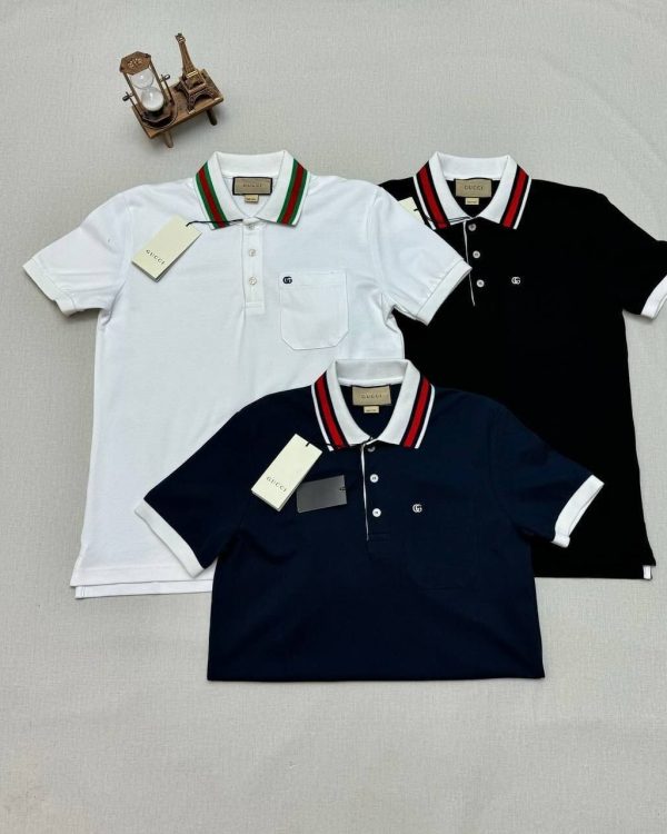 Gucci Piquet Polo T-Shirt With Double G Logo Cotton In Black White & Navy Blue Colors
