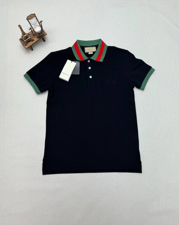 Gucci Piquet Polo T-Shirt With Web Collar Stretch Cotton In Black Gucci Piquet Polo T-Shirt With Web Collar Stretch Cotton In Black