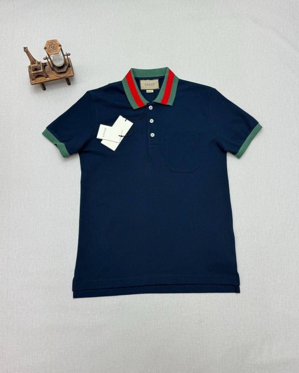 Gucci Piquet Polo T-Shirt With Web Collar Stretch Cotton In Navy Blue