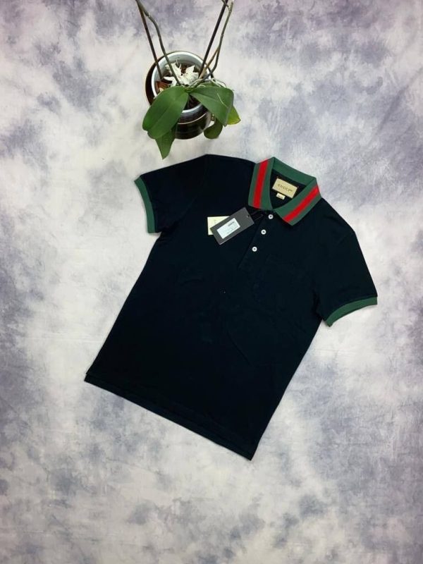 Gucci Men's Women's Polo Piquet T-Shirt With Web Collar In Black Colour Gucci Men's Women's Polo Piquet T-Shirt With Web Collar In Black Colour