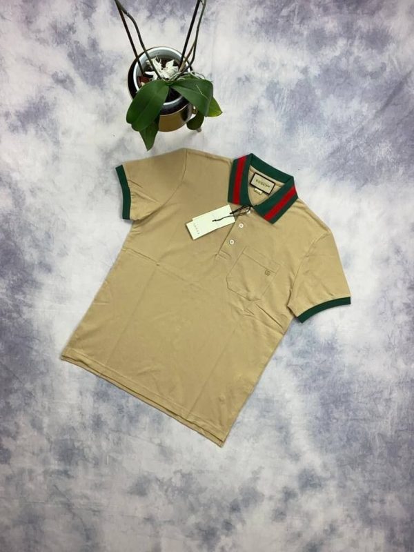 Gucci Men's Women's Polo Piquet T-Shirt With Web Collar In Beige Colour Gucci Men's Women's Polo Piquet T-Shirt With Web Collar In Beige Colour