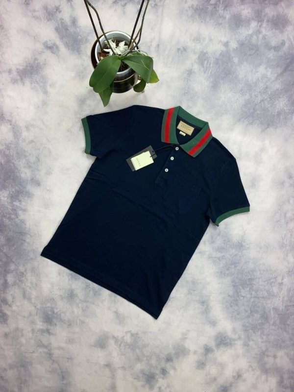 Gucci Men's Women's Polo Piquet T-Shirt With Web Collar In Navy Blue Colour Gucci Men's Women's Polo Piquet T-Shirt With Web Collar In Navy Blue Colour