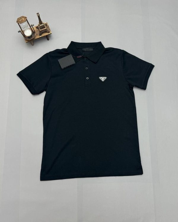 Prada Milano Triangle Logo Patch Polo Shirts in Black Color Prada Milano Triangle Logo Patch Polo Shirts in Black Color