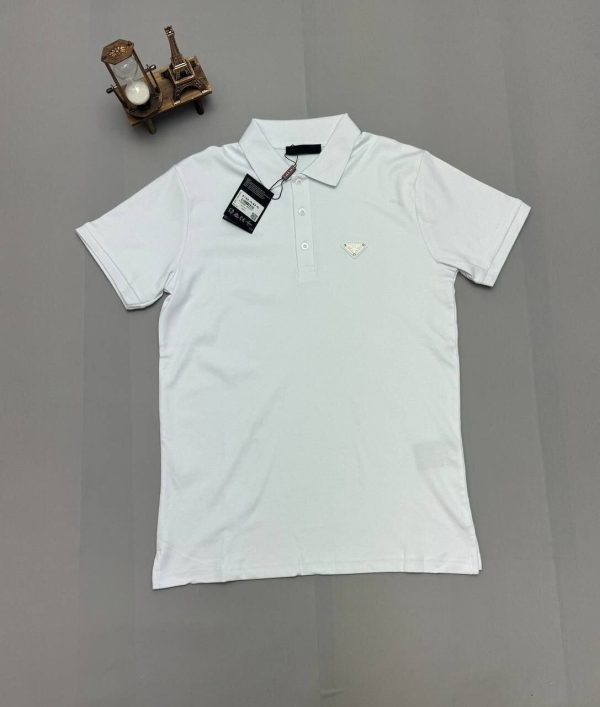 Prada Milano Triangle Logo Patch Polo Shirt in White Colour Prada Milano Triangle Logo Patch Polo Shirt in White Colour