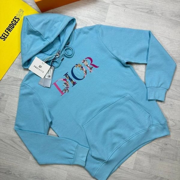 Dior Flowers Floral Logo Embroidered Stylish Printed Hoodies in blue color