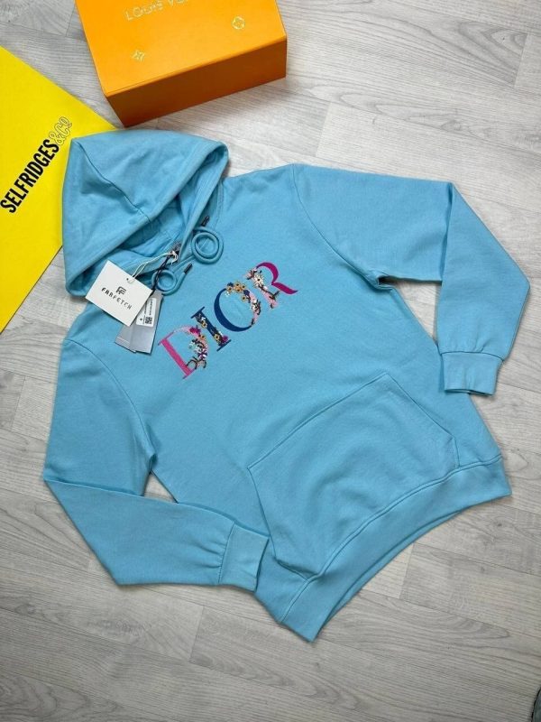 Dior Flowers Floral Logo Embroidered Stylish Printed Hoodies in blue color Dior Flowers Floral Logo Embroidered Stylish Printed Hoodies in blue color