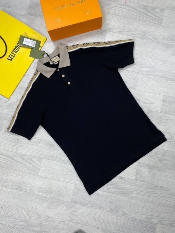 Gucci Polo T-Shirt With Interlocking G Stripe In Black Colour Gucci Polo T-Shirt With Interlocking G Stripe In Black Colour