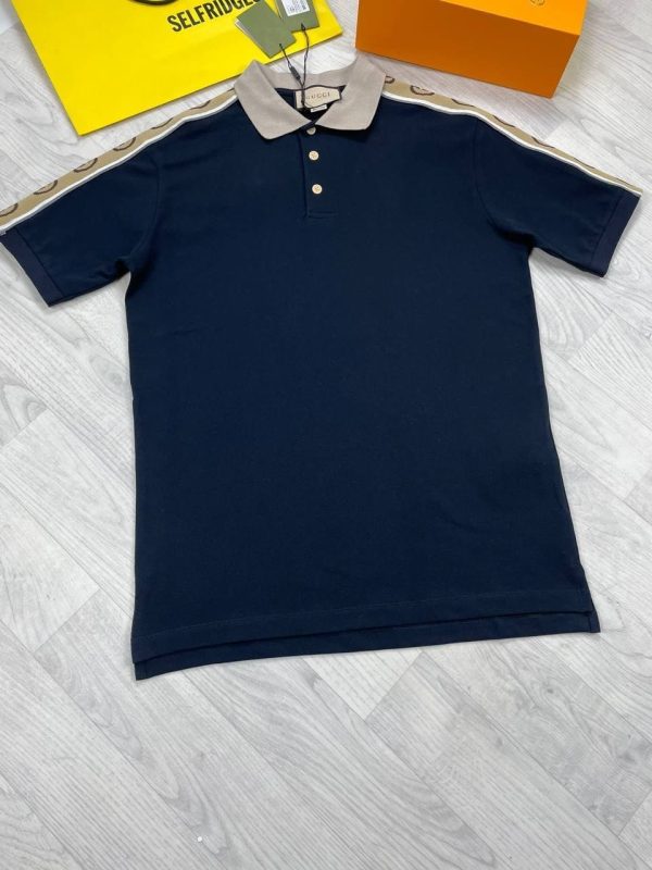 nnnGucci Polo T-Shirt With Interlocking G Stripe In Blue Colour Gucci Polo T-Shirt With Interlocking G Stripe In Blue Colour