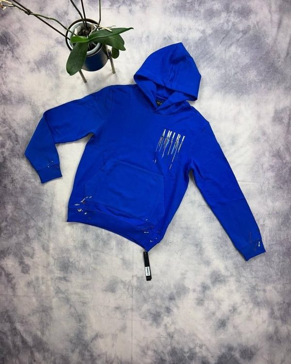 Amiri Men Women Paint Drip Hoodies Replica in blue color