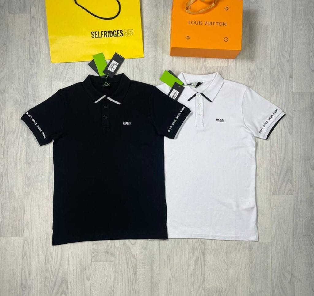 Hugo Boss Black & White Pique Cotton Polo Shirt with Logo & Webbed Collar