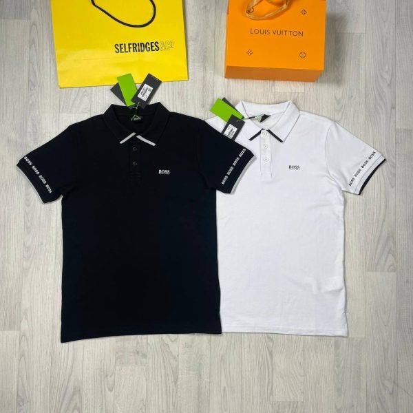 Hugo Boss Black & White Pique Cotton Polo Shirt with Logo & Webbed Collar