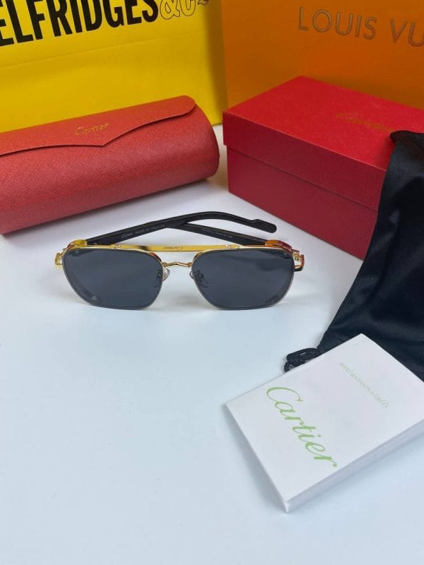 Cartier Rectangular Metal Frame Sunglasses Gold Frame