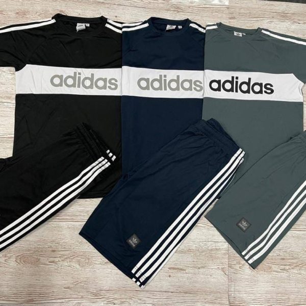 Adidas 3‑Stripes French Terry Shorts & T‑Shirt Set in Black, Grey & Navy Blue Color