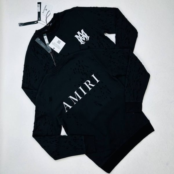Amiri black cotton crew jumper with white logo front And Back