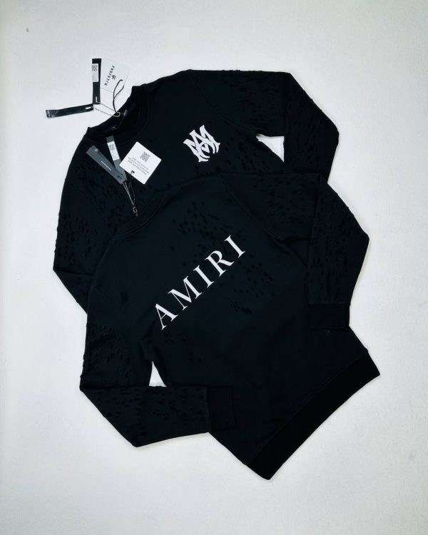 Amiri black cotton crew jumper with white logo front And Back