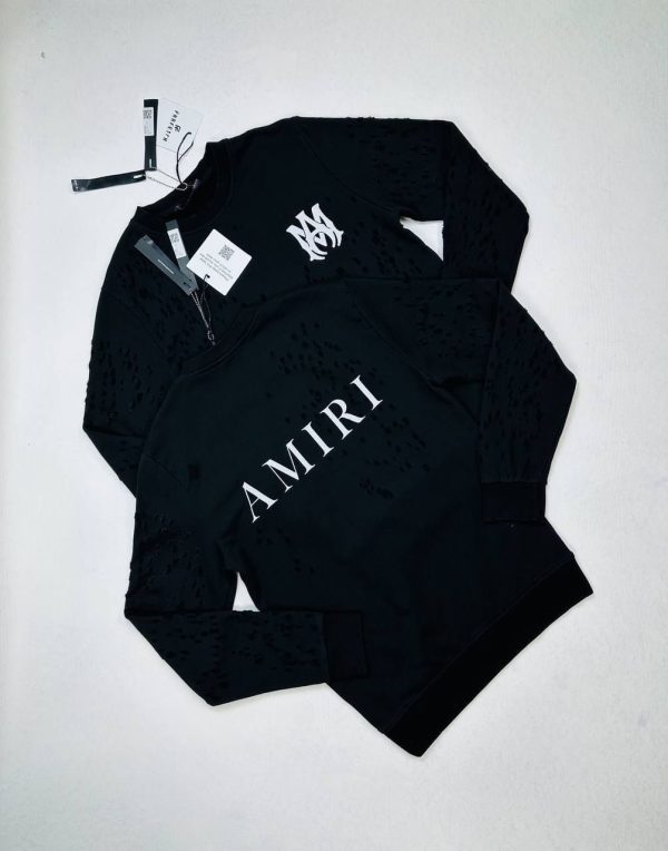 Amiri black cotton crew jumper with white logo front And Back