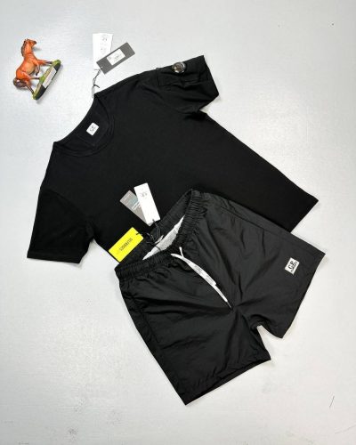 C.P. Company Piquet Waffle Logo T-Shirt & Short Set Black and Black