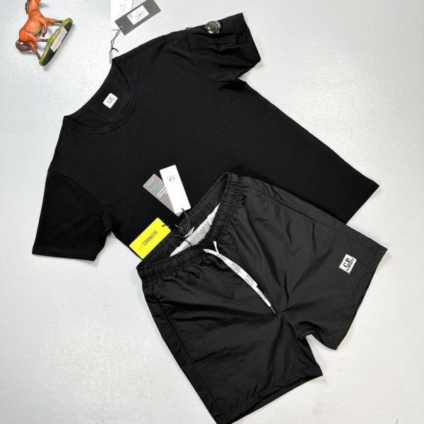 C.P. Company Piquet Waffle Logo T-Shirt & Short Set Black and Black