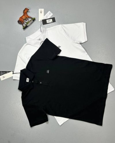 C.P. Company black stretch piquet polo t-shirt front view