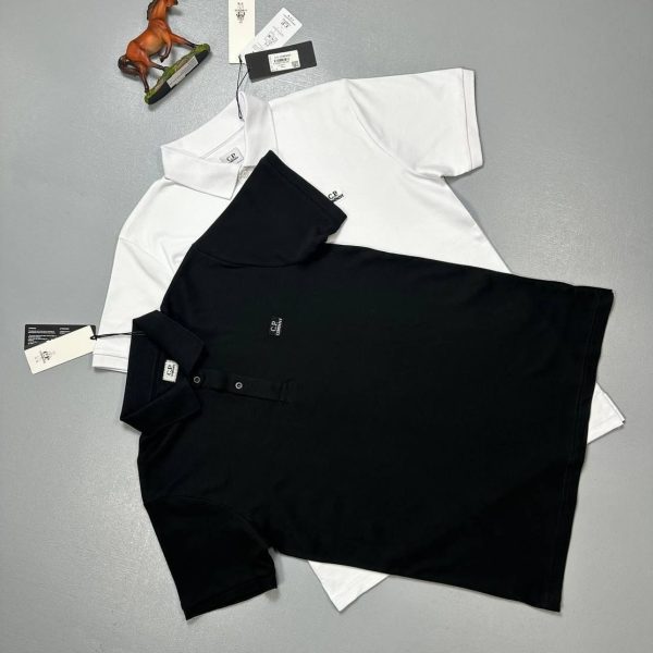 C.P. Company black stretch piquet polo t-shirt front view