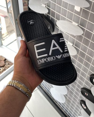 Emporio Armani EA7 black rubber slides with logo strap